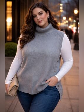 LOFT Gray Sleeveless Turtleneck Sweater Knit Buttons Tunic L Modern Minimalist